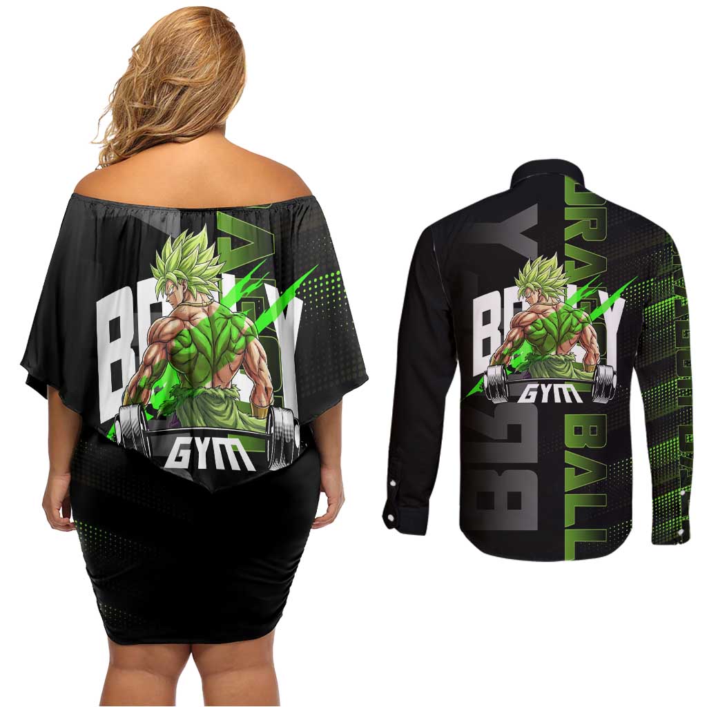 Broly Gym Theme Black and Green Design Couples Matching Off Shoulder Short Dress and Long Sleeve Button Shirt with Powerlifting Pose and Electrified Muscle Artwork - The Mazicc