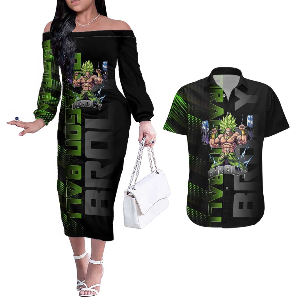 Broly Gym Theme Black and Green Design Couples Matching Off The Shoulder Long Sleeve Dress and Hawaiian Shirt with Powerlifting Pose and Electrified Muscle Artwork - The Mazicc
