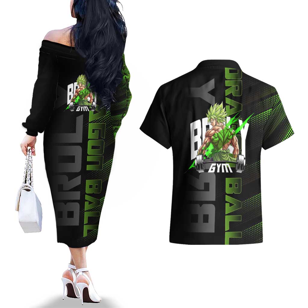 Broly Gym Theme Black and Green Design Couples Matching Off The Shoulder Long Sleeve Dress and Hawaiian Shirt with Powerlifting Pose and Electrified Muscle Artwork - The Mazicc