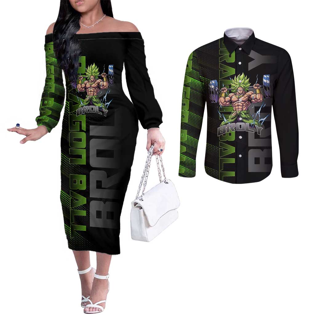 Broly Gym Theme Black and Green Design Couples Matching Off The Shoulder Long Sleeve Dress and Long Sleeve Button Shirt with Powerlifting Pose and Electrified Muscle Artwork - The Mazicc