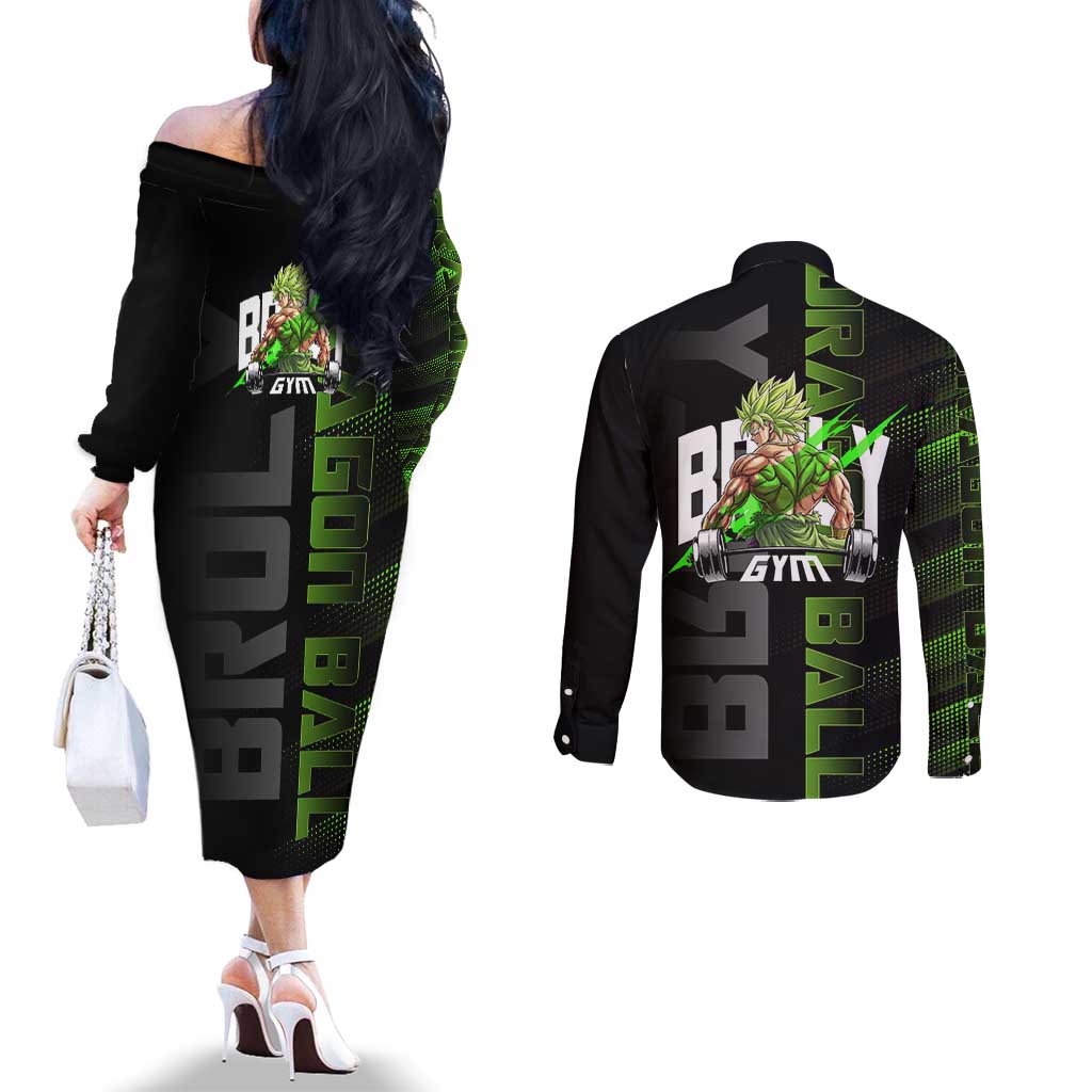 Broly Gym Theme Black and Green Design Couples Matching Off The Shoulder Long Sleeve Dress and Long Sleeve Button Shirt with Powerlifting Pose and Electrified Muscle Artwork - The Mazicc