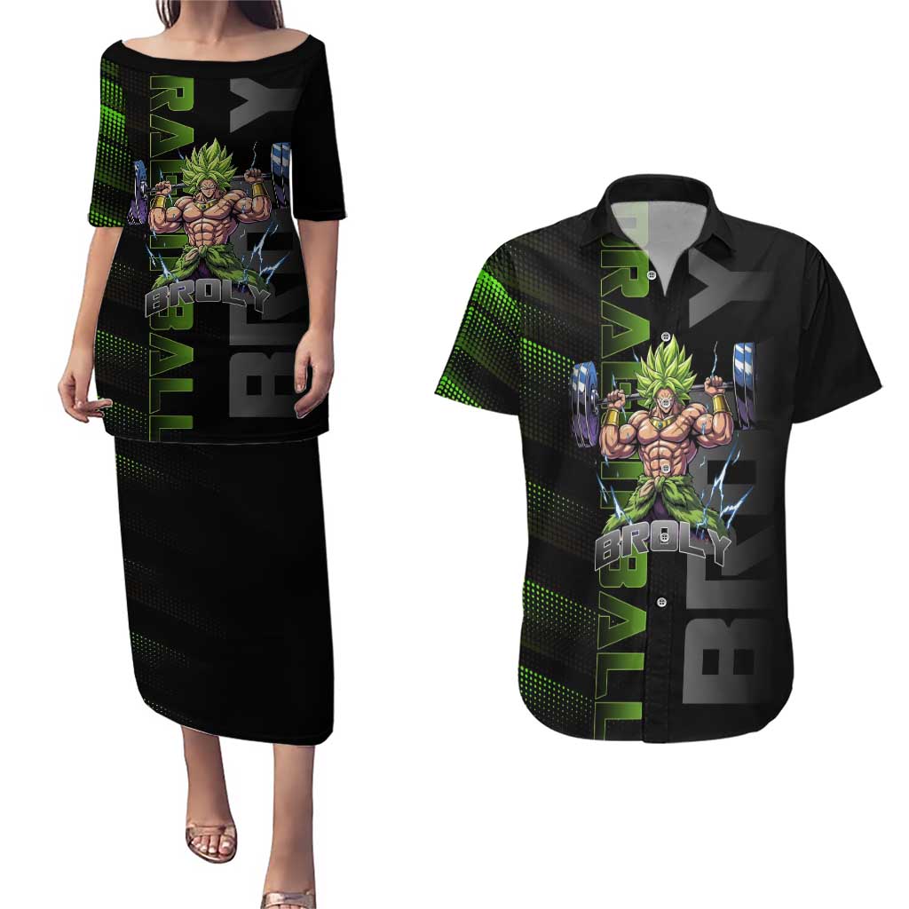Broly Gym Theme Black and Green Design Couples Matching Puletasi and Hawaiian Shirt with Powerlifting Pose and Electrified Muscle Artwork - The Mazicc