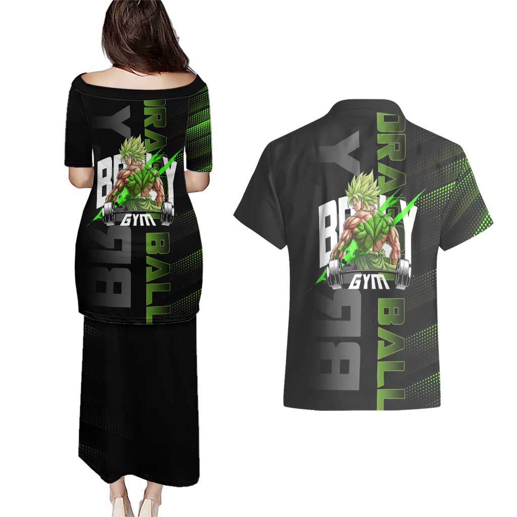 Broly Gym Theme Black and Green Design Couples Matching Puletasi and Hawaiian Shirt with Powerlifting Pose and Electrified Muscle Artwork - The Mazicc