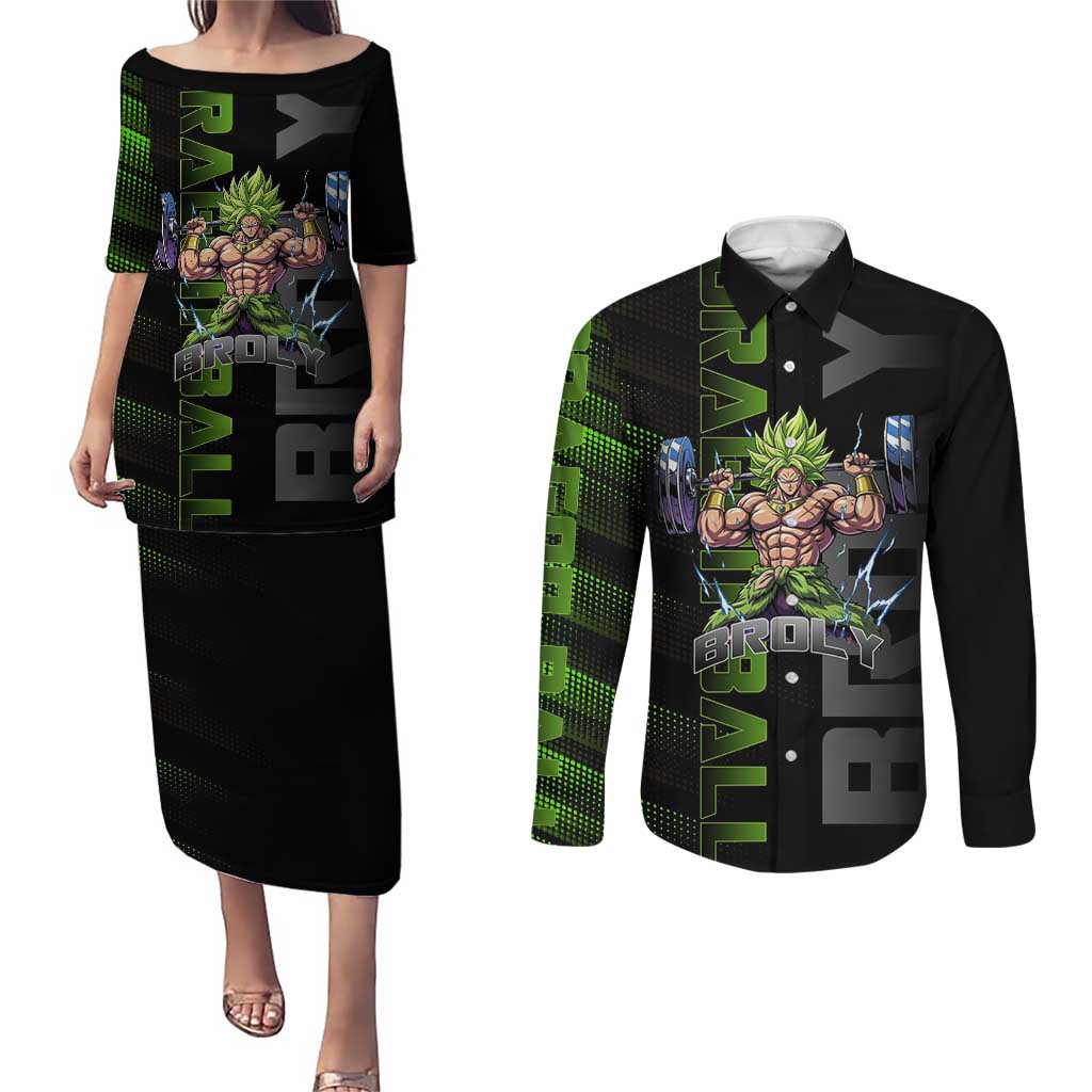 Broly Gym Theme Black and Green Design Couples Matching Puletasi and Long Sleeve Button Shirt with Powerlifting Pose and Electrified Muscle Artwork - The Mazicc