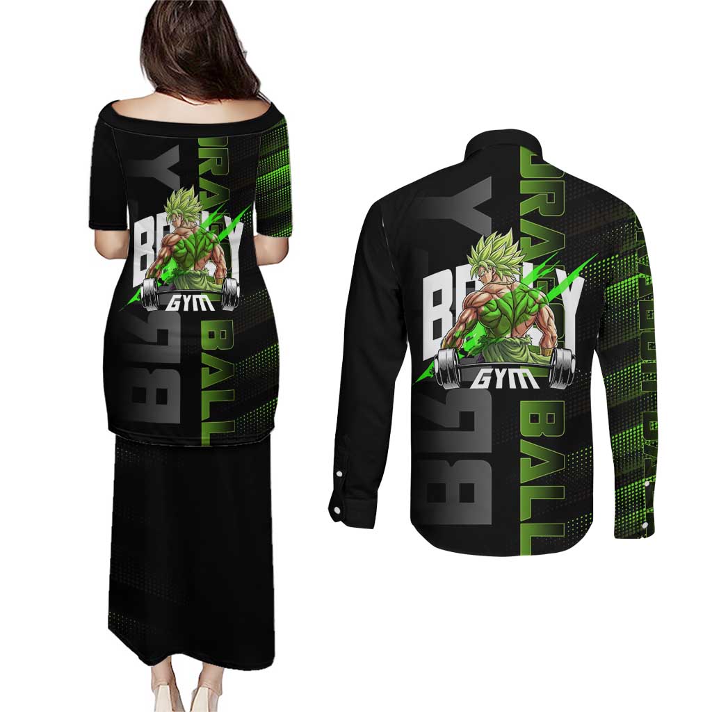 Broly Gym Theme Black and Green Design Couples Matching Puletasi and Long Sleeve Button Shirt with Powerlifting Pose and Electrified Muscle Artwork - The Mazicc