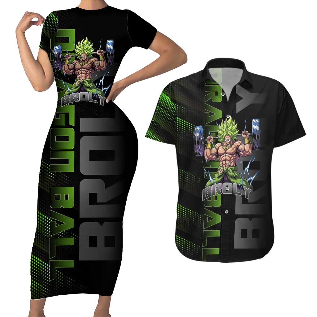 Broly Gym Theme Black and Green Design Couples Matching Short Sleeve Bodycon Dress and Hawaiian Shirt with Powerlifting Pose and Electrified Muscle Artwork - The Mazicc