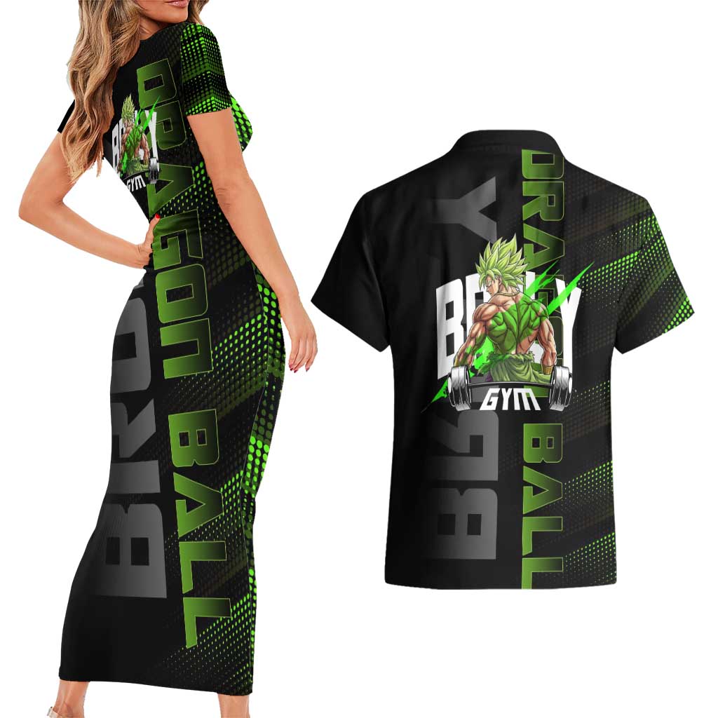 Broly Gym Theme Black and Green Design Couples Matching Short Sleeve Bodycon Dress and Hawaiian Shirt with Powerlifting Pose and Electrified Muscle Artwork - The Mazicc