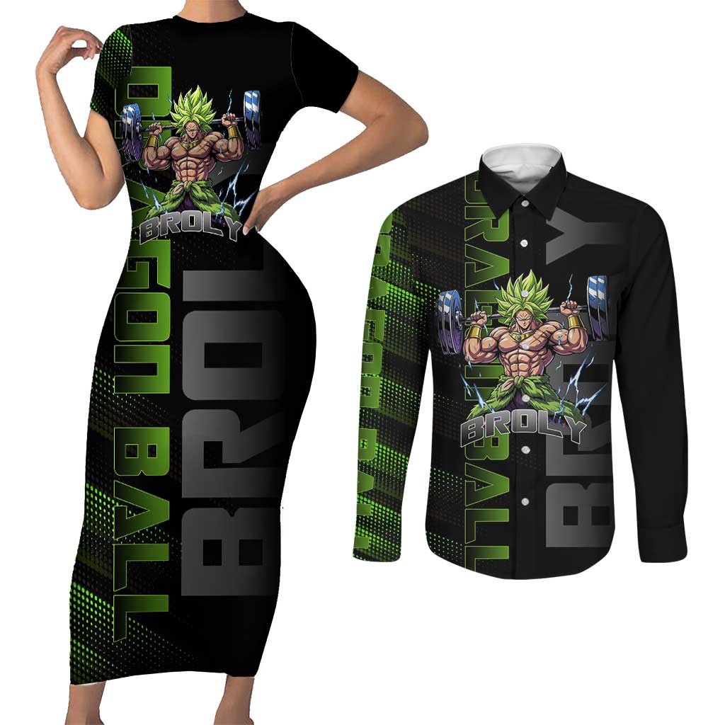 Broly Gym Theme Black and Green Design Couples Matching Short Sleeve Bodycon Dress and Long Sleeve Button Shirt with Powerlifting Pose and Electrified Muscle Artwork - The Mazicc