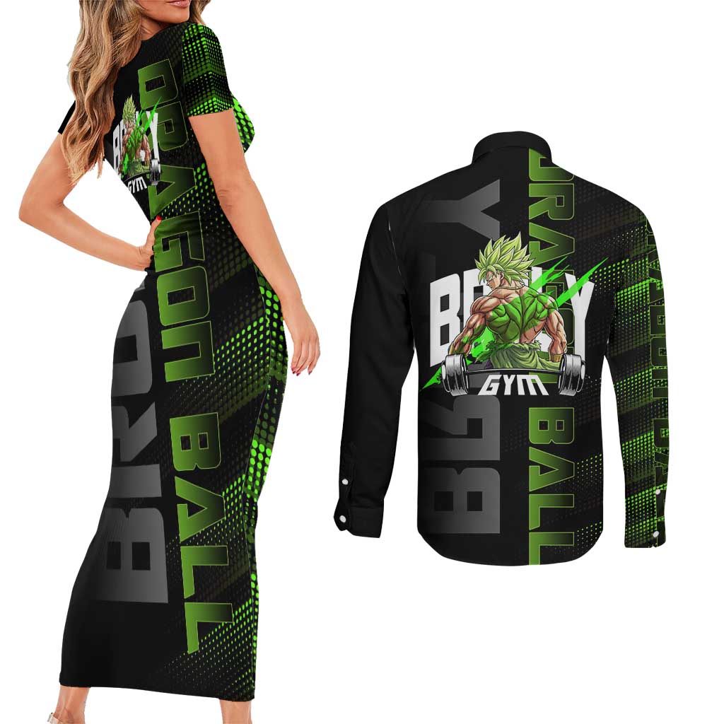 Broly Gym Theme Black and Green Design Couples Matching Short Sleeve Bodycon Dress and Long Sleeve Button Shirt with Powerlifting Pose and Electrified Muscle Artwork - The Mazicc