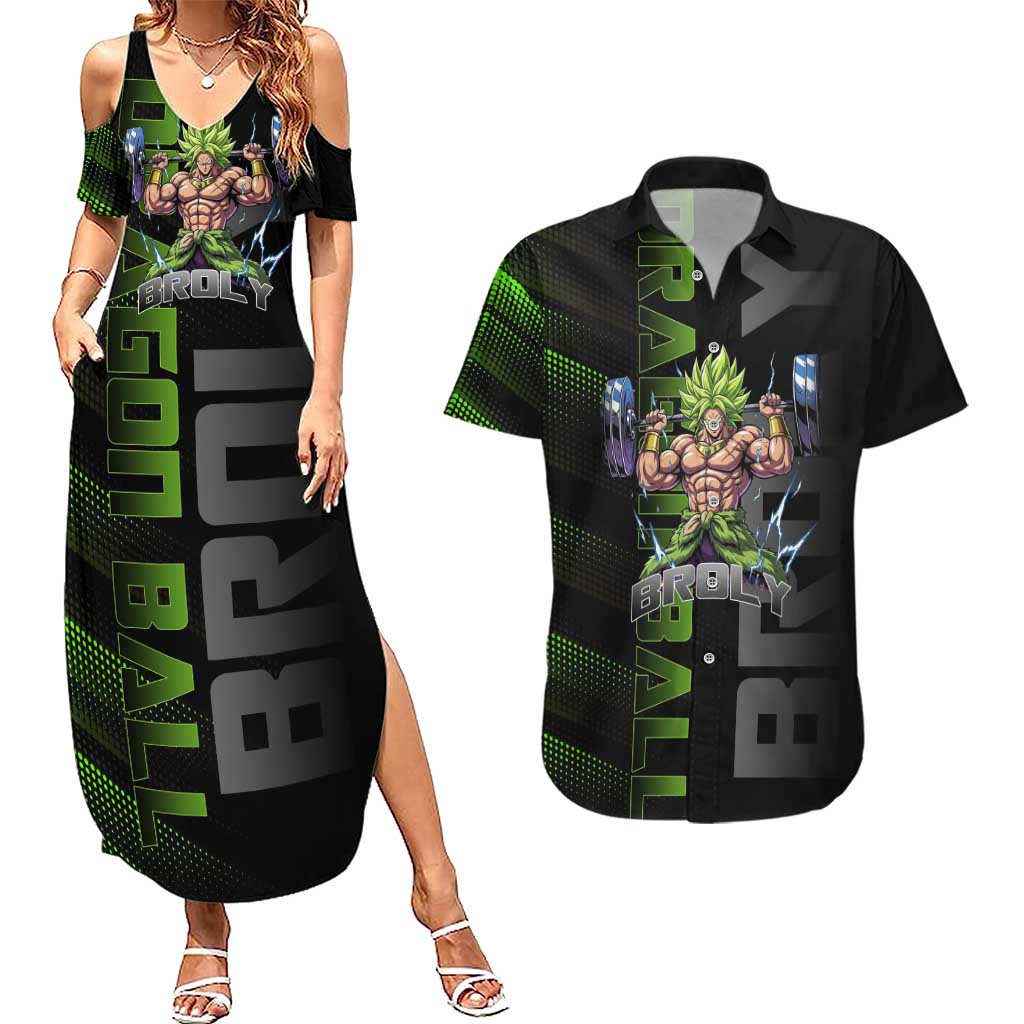 Broly Gym Theme Black and Green Design Couples Matching Summer Maxi Dress and Hawaiian Shirt with Powerlifting Pose and Electrified Muscle Artwork - The Mazicc