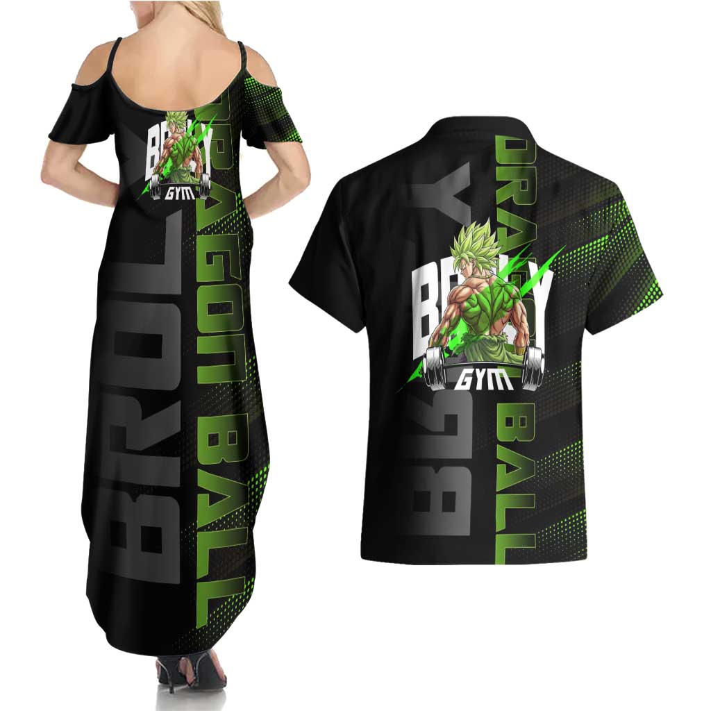 Broly Gym Theme Black and Green Design Couples Matching Summer Maxi Dress and Hawaiian Shirt with Powerlifting Pose and Electrified Muscle Artwork - The Mazicc