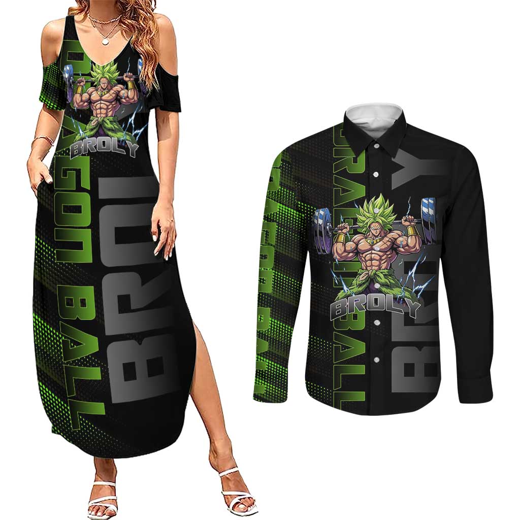 Broly Gym Theme Black and Green Design Couples Matching Summer Maxi Dress and Long Sleeve Button Shirt with Powerlifting Pose and Electrified Muscle Artwork - The Mazicc