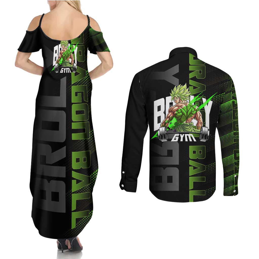 Broly Gym Theme Black and Green Design Couples Matching Summer Maxi Dress and Long Sleeve Button Shirt with Powerlifting Pose and Electrified Muscle Artwork - The Mazicc