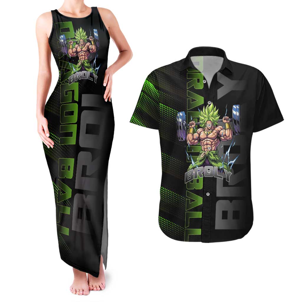 Broly Gym Theme Black and Green Design Couples Matching Tank Maxi Dress and Hawaiian Shirt with Powerlifting Pose and Electrified Muscle Artwork - The Mazicc