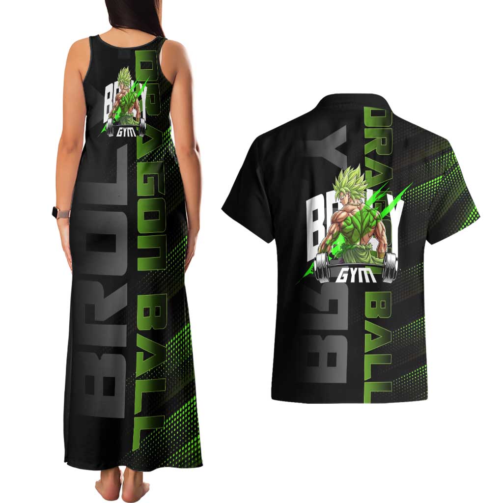 Broly Gym Theme Black and Green Design Couples Matching Tank Maxi Dress and Hawaiian Shirt with Powerlifting Pose and Electrified Muscle Artwork - The Mazicc