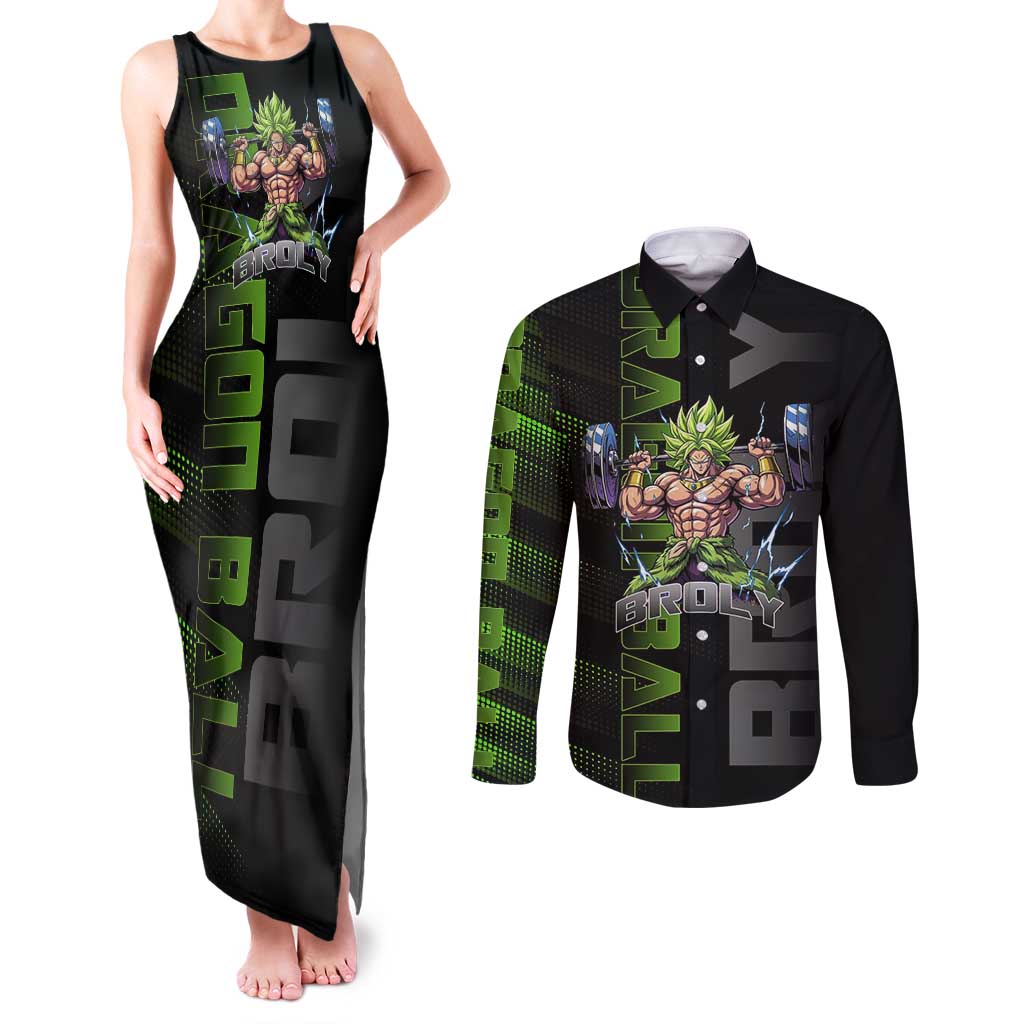 Broly Gym Theme Black and Green Design Couples Matching Tank Maxi Dress and Long Sleeve Button Shirt with Powerlifting Pose and Electrified Muscle Artwork - The Mazicc