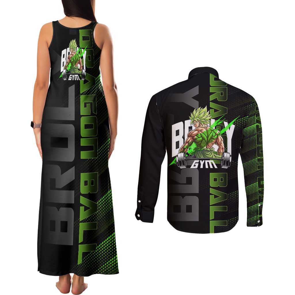 Broly Gym Theme Black and Green Design Couples Matching Tank Maxi Dress and Long Sleeve Button Shirt with Powerlifting Pose and Electrified Muscle Artwork - The Mazicc