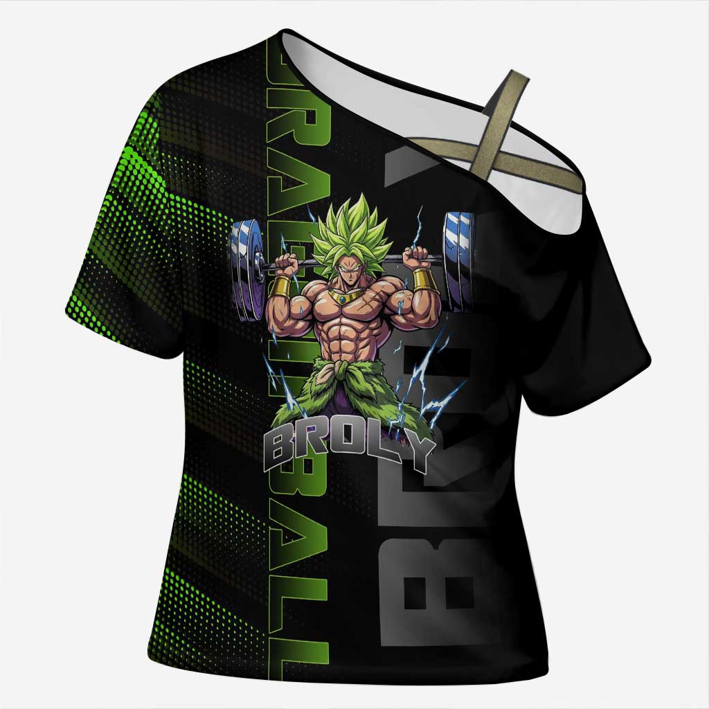 Broly Gym Theme Black and Green Design Cross Shoulder Shirt with Powerlifting Pose and Electrified Muscle Artwork - The Mazicc