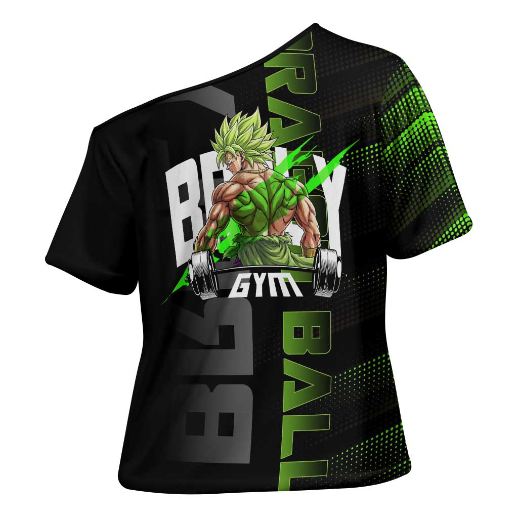 Broly Gym Theme Black and Green Design Cross Shoulder Shirt with Powerlifting Pose and Electrified Muscle Artwork - The Mazicc