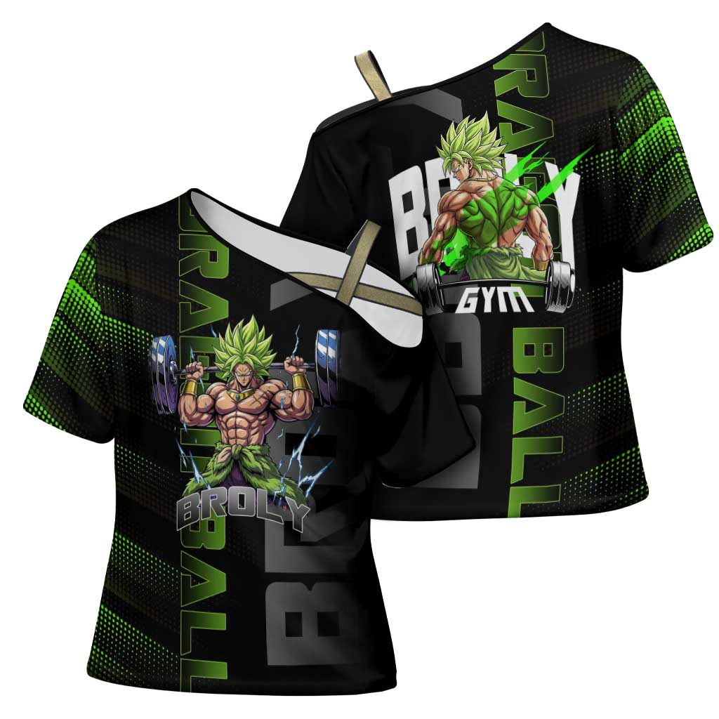 Broly Gym Theme Black and Green Design Cross Shoulder Shirt with Powerlifting Pose and Electrified Muscle Artwork - The Mazicc
