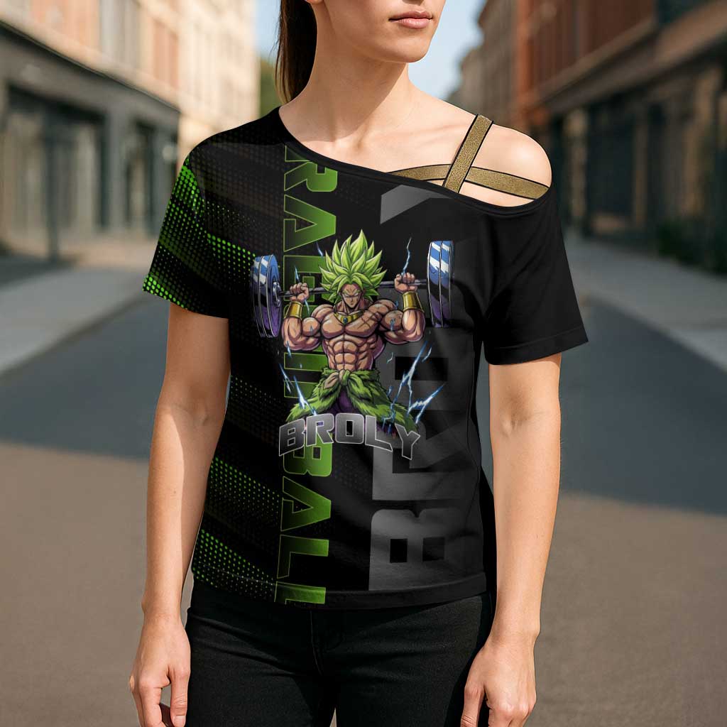 Broly Gym Theme Black and Green Design Cross Shoulder Shirt with Powerlifting Pose and Electrified Muscle Artwork - The Mazicc