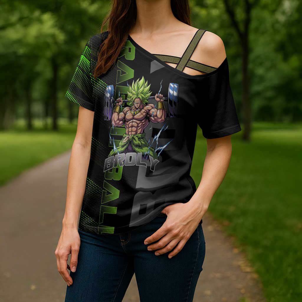 Broly Gym Theme Black and Green Design Cross Shoulder Shirt with Powerlifting Pose and Electrified Muscle Artwork - The Mazicc