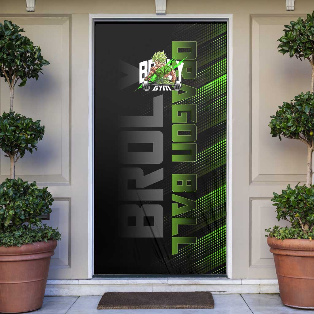 Broly Gym Theme Black and Green Design Door Cover with Powerlifting Pose and Electrified Muscle Artwork - The Mazicc