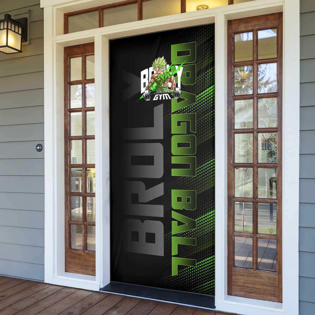 Broly Gym Theme Black and Green Design Door Cover with Powerlifting Pose and Electrified Muscle Artwork - The Mazicc