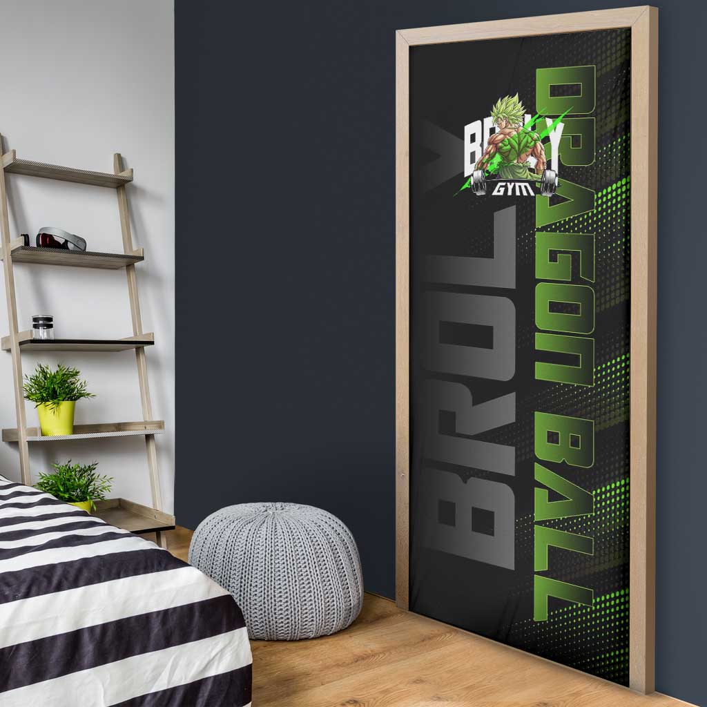 Broly Gym Theme Black and Green Design Door Cover with Powerlifting Pose and Electrified Muscle Artwork - The Mazicc