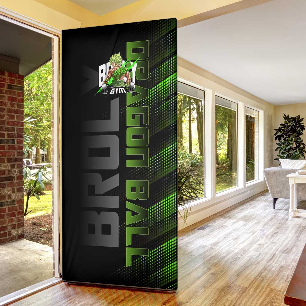 Broly Gym Theme Black and Green Design Door Cover with Powerlifting Pose and Electrified Muscle Artwork - The Mazicc