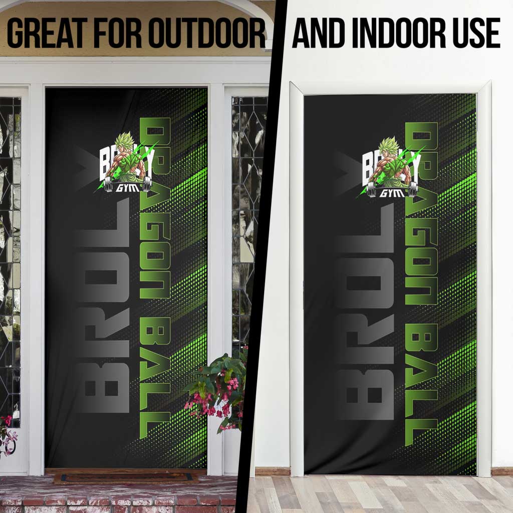 Broly Gym Theme Black and Green Design Door Cover with Powerlifting Pose and Electrified Muscle Artwork - The Mazicc