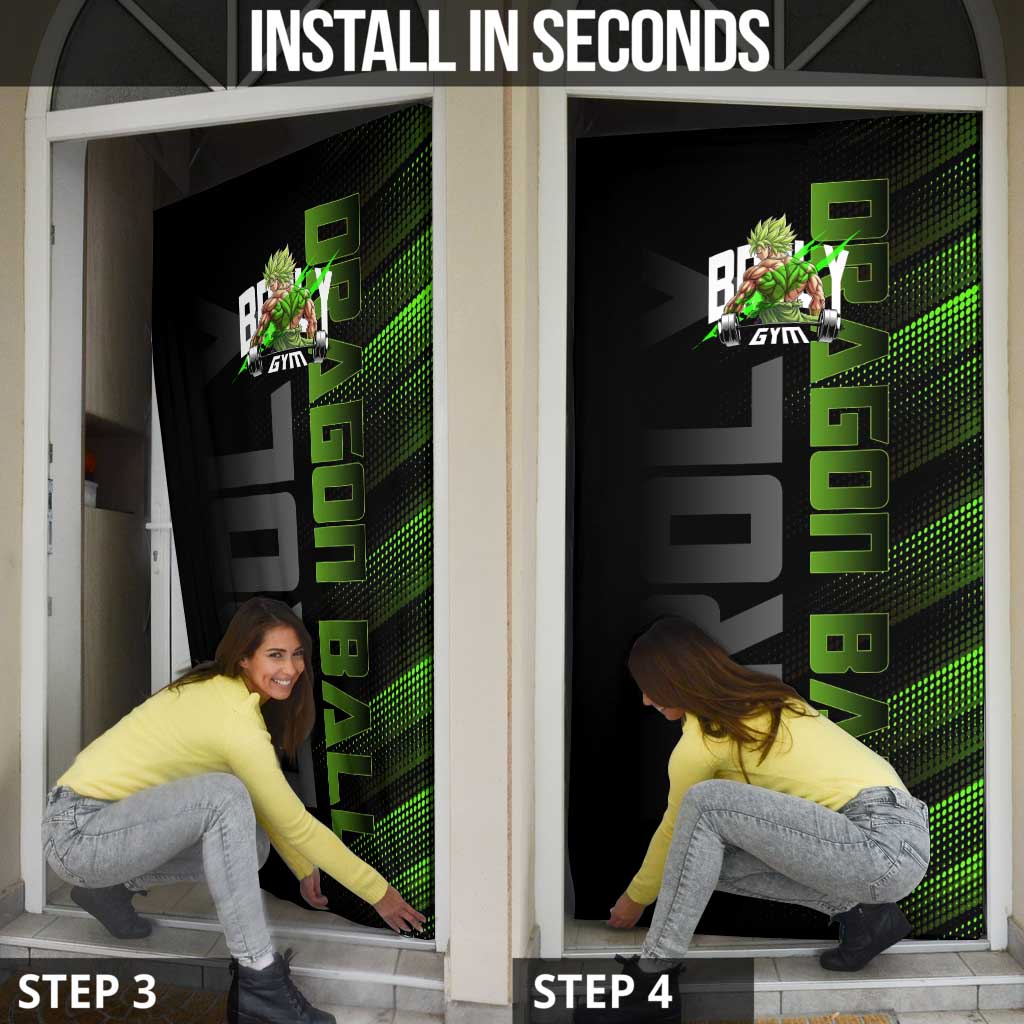 Broly Gym Theme Black and Green Design Door Cover with Powerlifting Pose and Electrified Muscle Artwork - The Mazicc