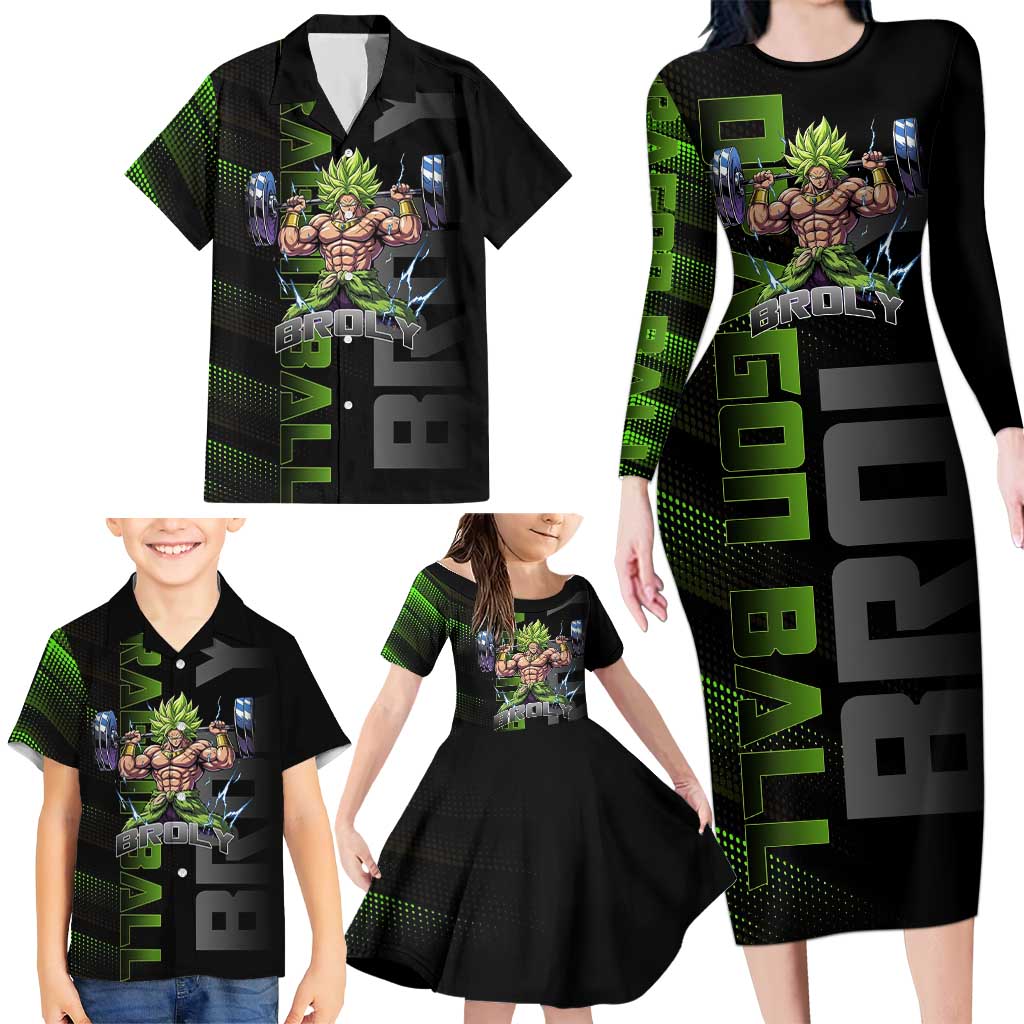 Broly Gym Theme Black and Green Design Family Matching Long Sleeve Bodycon Dress and Hawaiian Shirt with Powerlifting Pose and Electrified Muscle Artwork