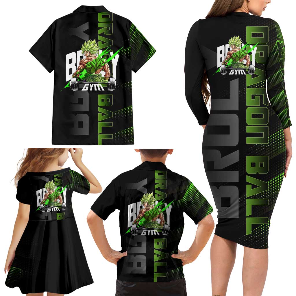 Broly Gym Theme Black and Green Design Family Matching Long Sleeve Bodycon Dress and Hawaiian Shirt with Powerlifting Pose and Electrified Muscle Artwork