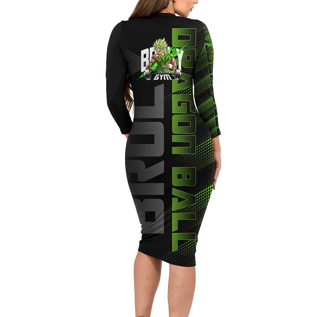 Broly Gym Theme Black and Green Design Family Matching Long Sleeve Bodycon Dress and Hawaiian Shirt with Powerlifting Pose and Electrified Muscle Artwork