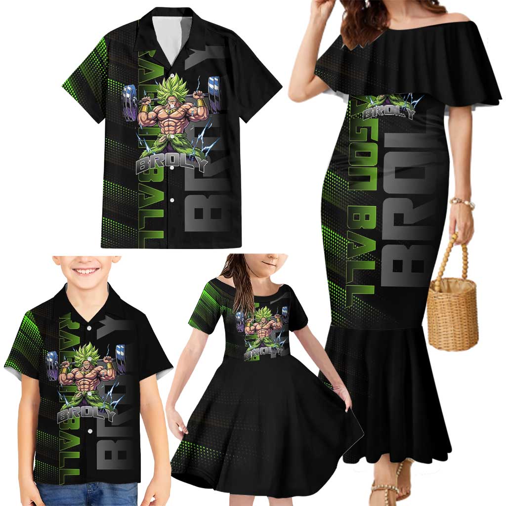 Broly Gym Theme Black and Green Design Family Matching Mermaid Dress and Hawaiian Shirt with Powerlifting Pose and Electrified Muscle Artwork