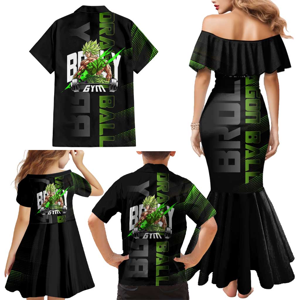 Broly Gym Theme Black and Green Design Family Matching Mermaid Dress and Hawaiian Shirt with Powerlifting Pose and Electrified Muscle Artwork