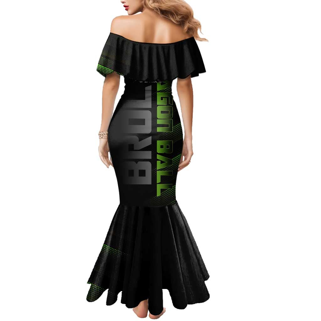 Broly Gym Theme Black and Green Design Family Matching Mermaid Dress and Hawaiian Shirt with Powerlifting Pose and Electrified Muscle Artwork