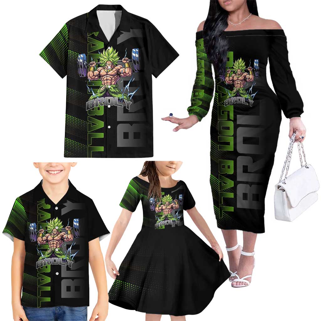 Broly Gym Theme Black and Green Design Family Matching Off The Shoulder Long Sleeve Dress and Hawaiian Shirt with Powerlifting Pose and Electrified Muscle Artwork
