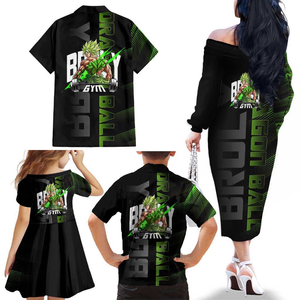 Broly Gym Theme Black and Green Design Family Matching Off The Shoulder Long Sleeve Dress and Hawaiian Shirt with Powerlifting Pose and Electrified Muscle Artwork