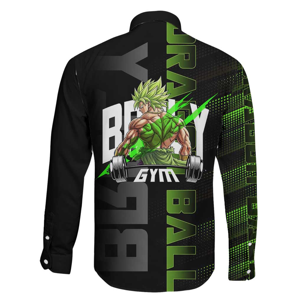 Broly Gym Theme Black and Green Design Family Matching Off The Shoulder Long Sleeve Dress and Hawaiian Shirt with Powerlifting Pose and Electrified Muscle Artwork