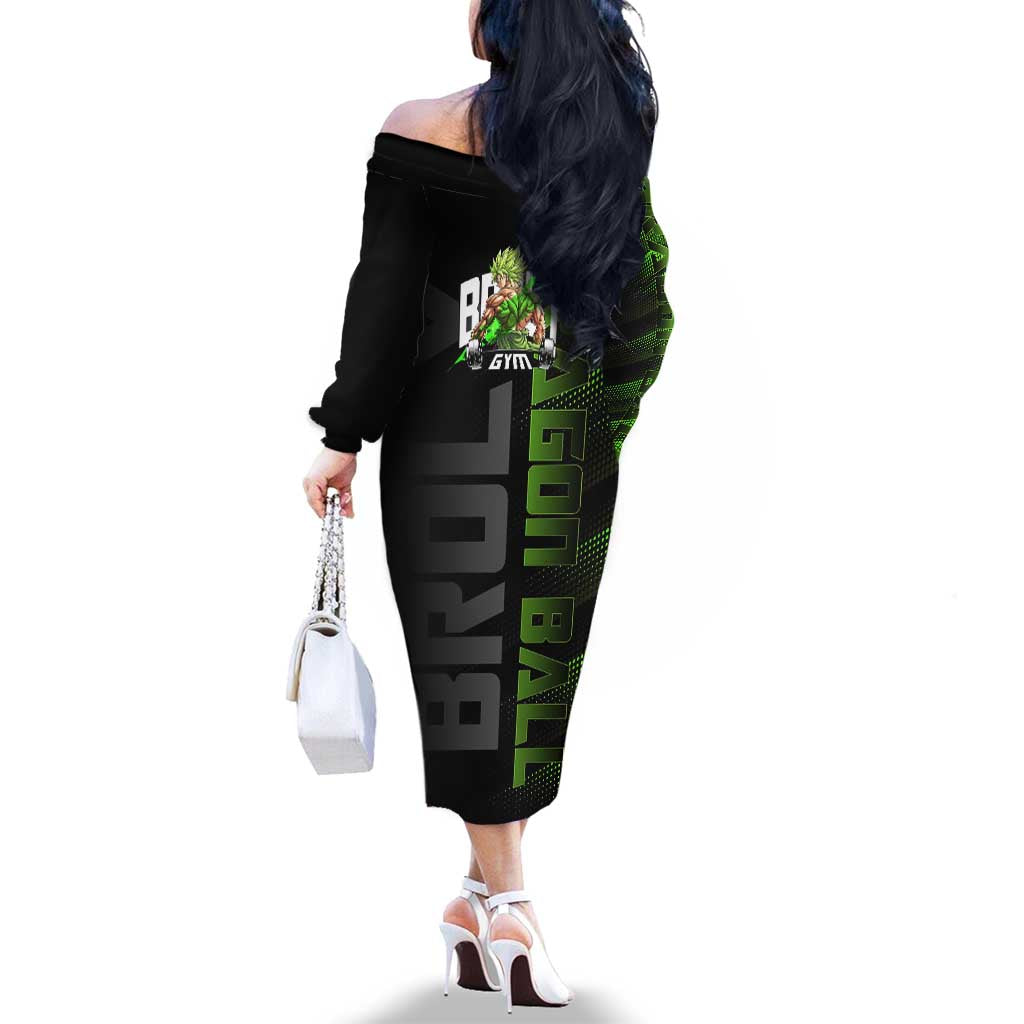Broly Gym Theme Black and Green Design Family Matching Off The Shoulder Long Sleeve Dress and Hawaiian Shirt with Powerlifting Pose and Electrified Muscle Artwork
