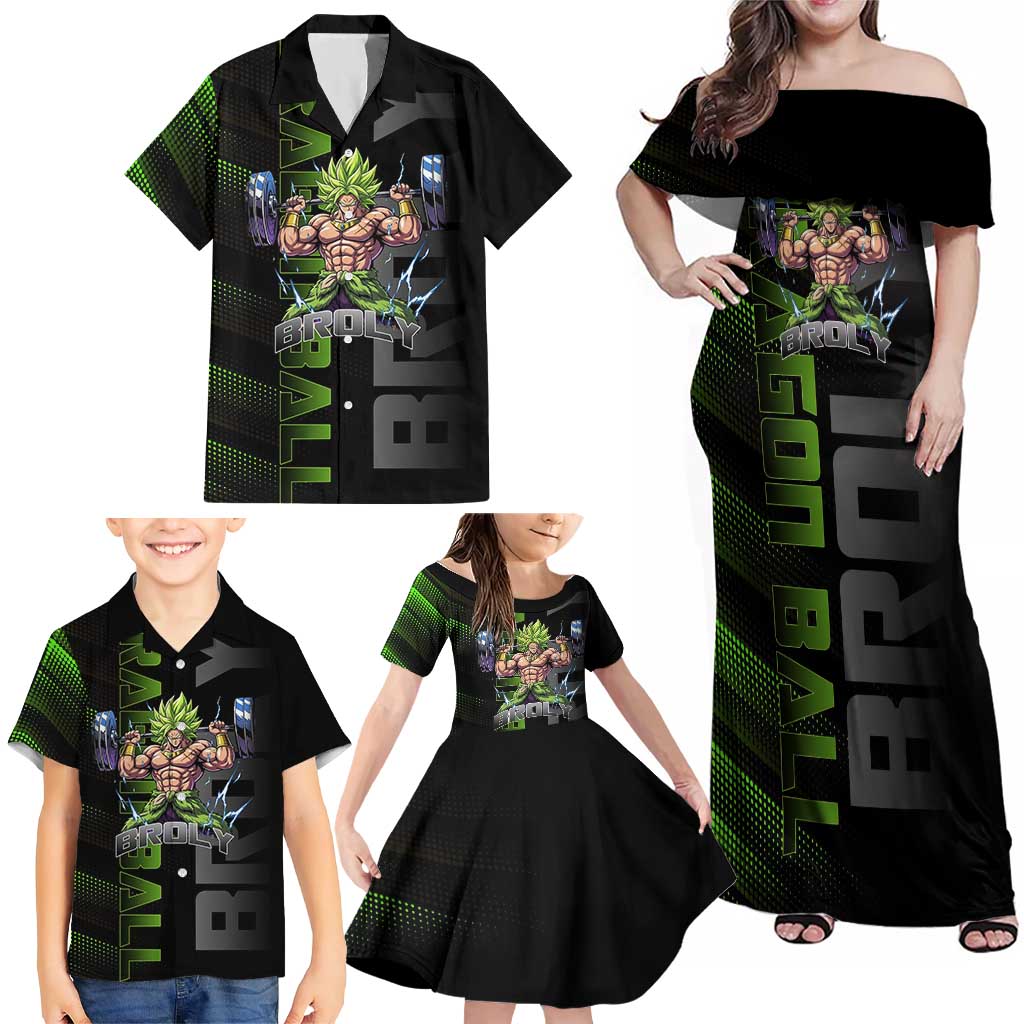Broly Gym Theme Black and Green Design Family Matching Off Shoulder Maxi Dress and Hawaiian Shirt with Powerlifting Pose and Electrified Muscle Artwork