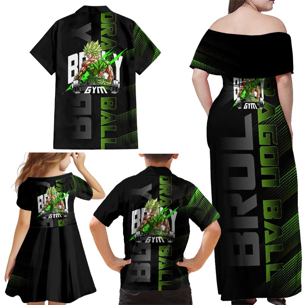 Broly Gym Theme Black and Green Design Family Matching Off Shoulder Maxi Dress and Hawaiian Shirt with Powerlifting Pose and Electrified Muscle Artwork