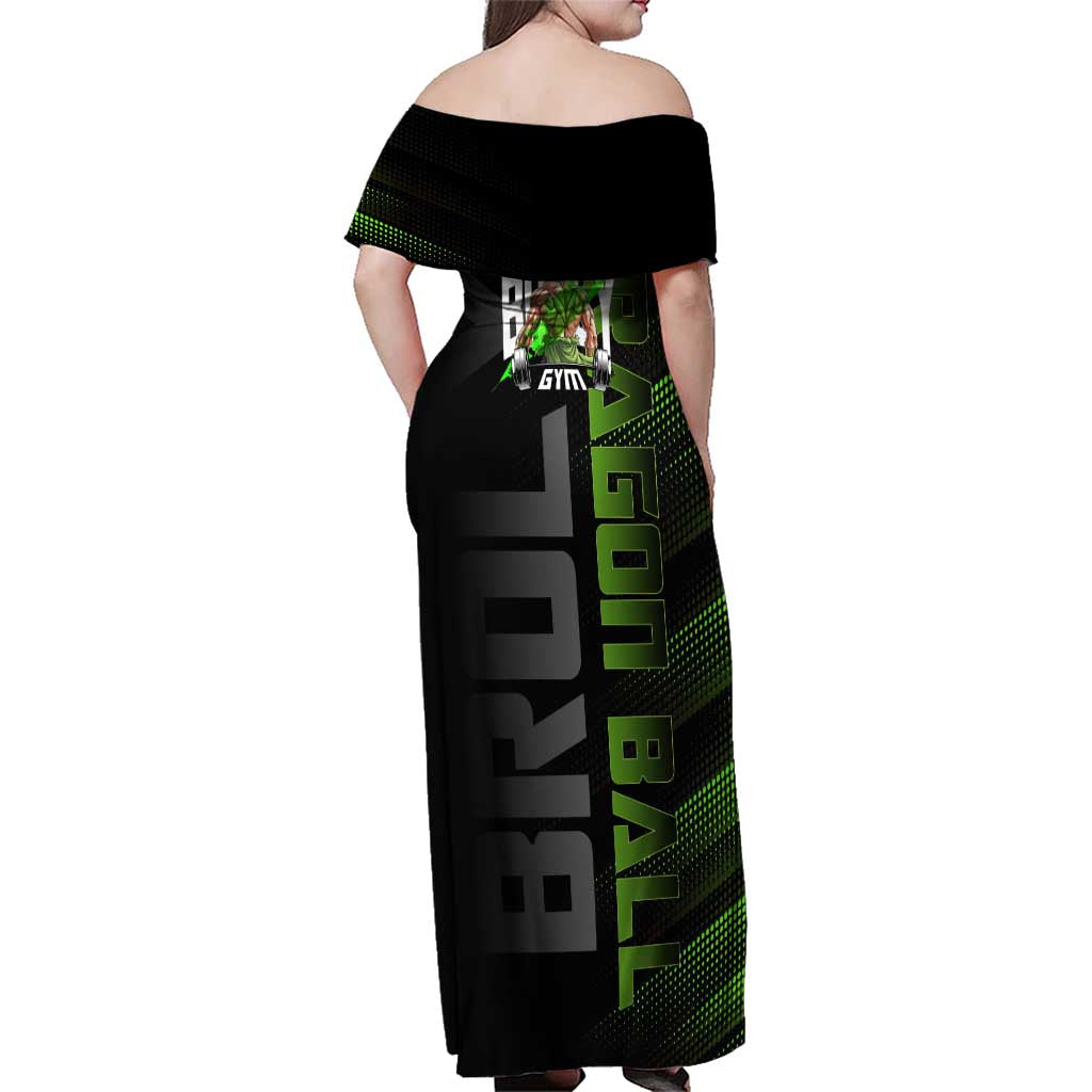 Broly Gym Theme Black and Green Design Family Matching Off Shoulder Maxi Dress and Hawaiian Shirt with Powerlifting Pose and Electrified Muscle Artwork