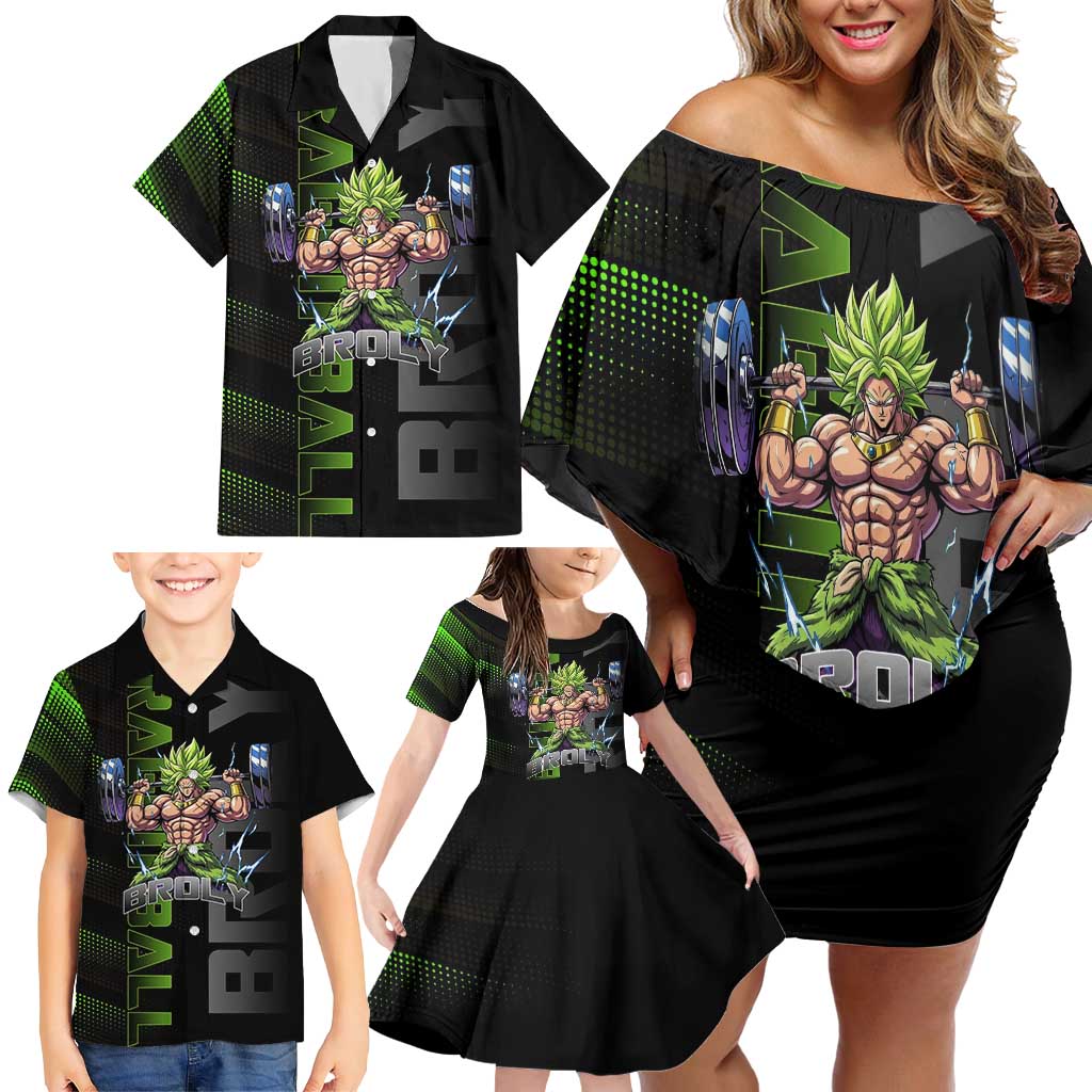 Broly Gym Theme Black and Green Design Family Matching Off Shoulder Short Dress and Hawaiian Shirt with Powerlifting Pose and Electrified Muscle Artwork