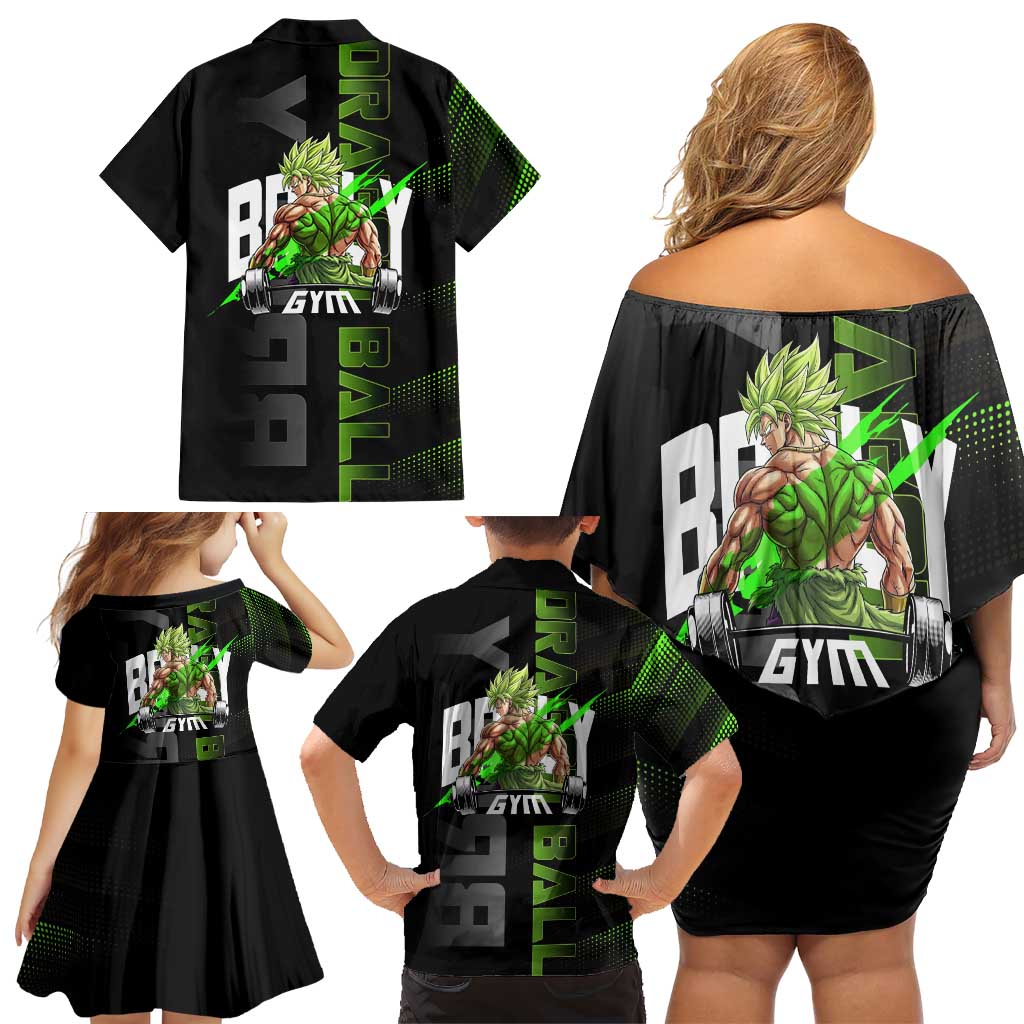 Broly Gym Theme Black and Green Design Family Matching Off Shoulder Short Dress and Hawaiian Shirt with Powerlifting Pose and Electrified Muscle Artwork