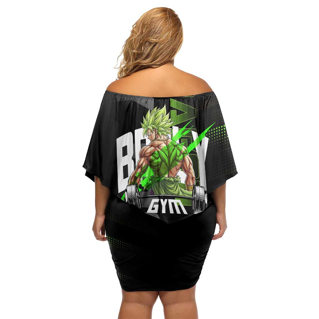 Broly Gym Theme Black and Green Design Family Matching Off Shoulder Short Dress and Hawaiian Shirt with Powerlifting Pose and Electrified Muscle Artwork