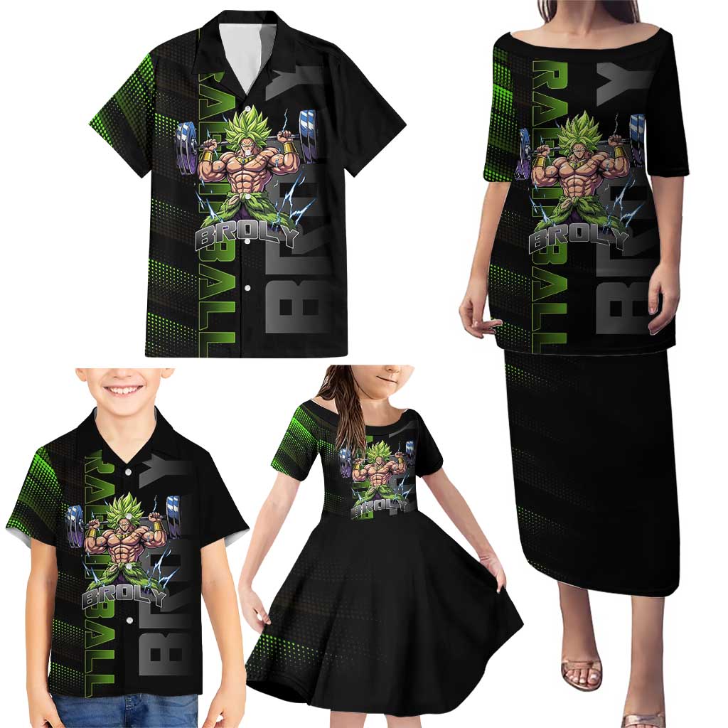 Broly Gym Theme Black and Green Design Family Matching Puletasi and Hawaiian Shirt with Powerlifting Pose and Electrified Muscle Artwork