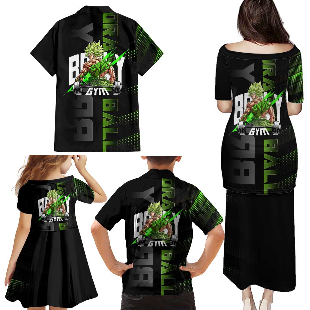 Broly Gym Theme Black and Green Design Family Matching Puletasi and Hawaiian Shirt with Powerlifting Pose and Electrified Muscle Artwork